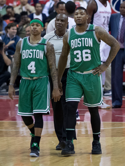 Isaiah Thomas and Marcus Smart on the court for the Boston Celtics, 2017.